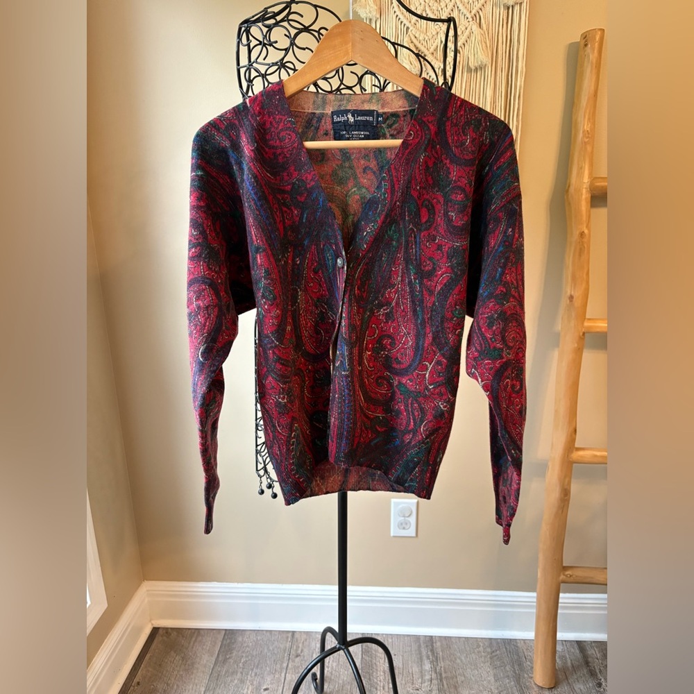 Ralph Lauren Quiet Luxury Preppy 100% Lambswool Red Wine  Paisley Cardigan